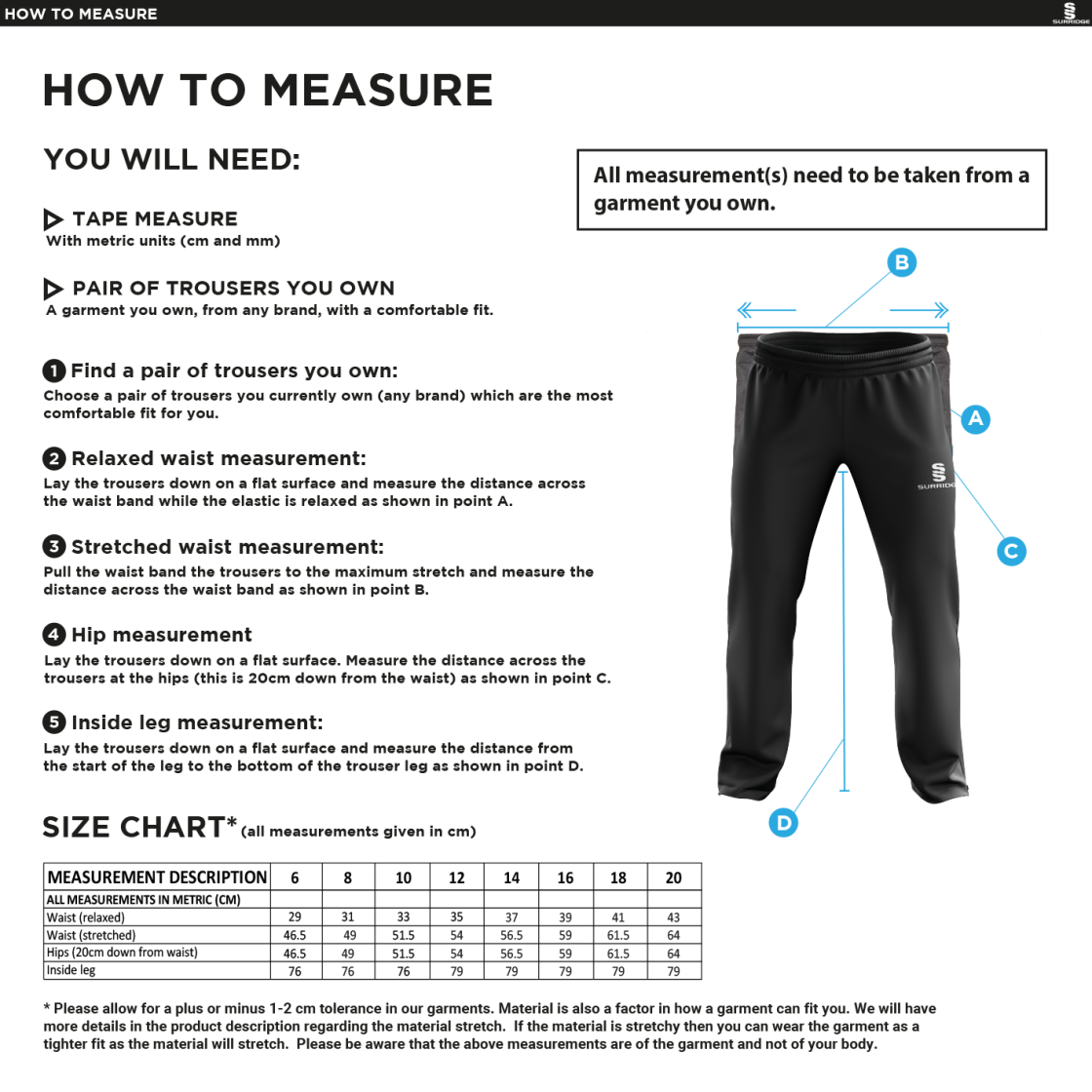 Women's Rip Stop Track Pant : Black - Size Guide