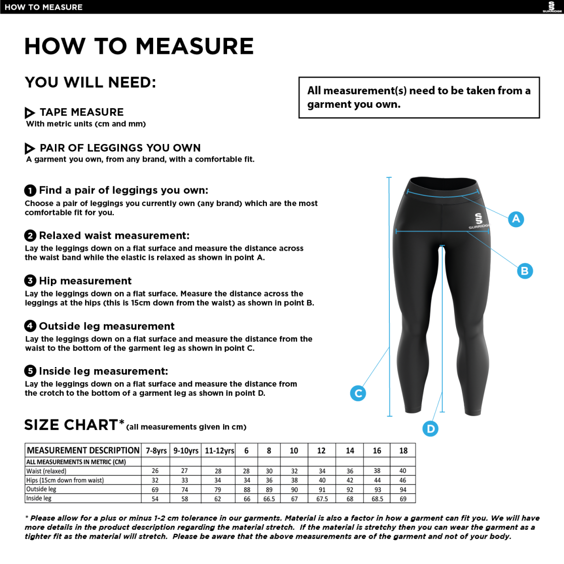 Angus Netball Performance Full Length Leggings : Black - Size Guide