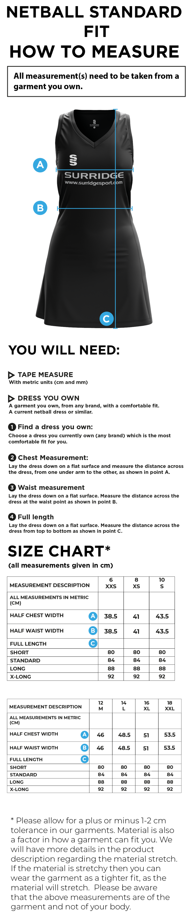 Angus Netball Dress - Size Guide