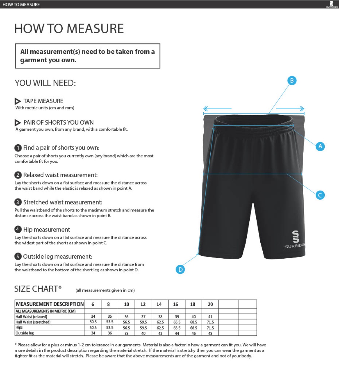 Angus Netball - Ripstop Pocketed Shorts - Black - Size Guide