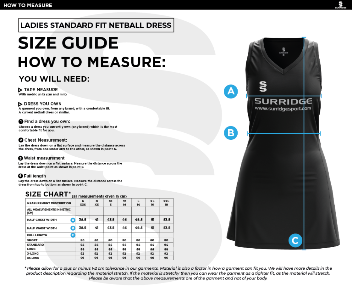 Angus Netball Dress - Size Guide